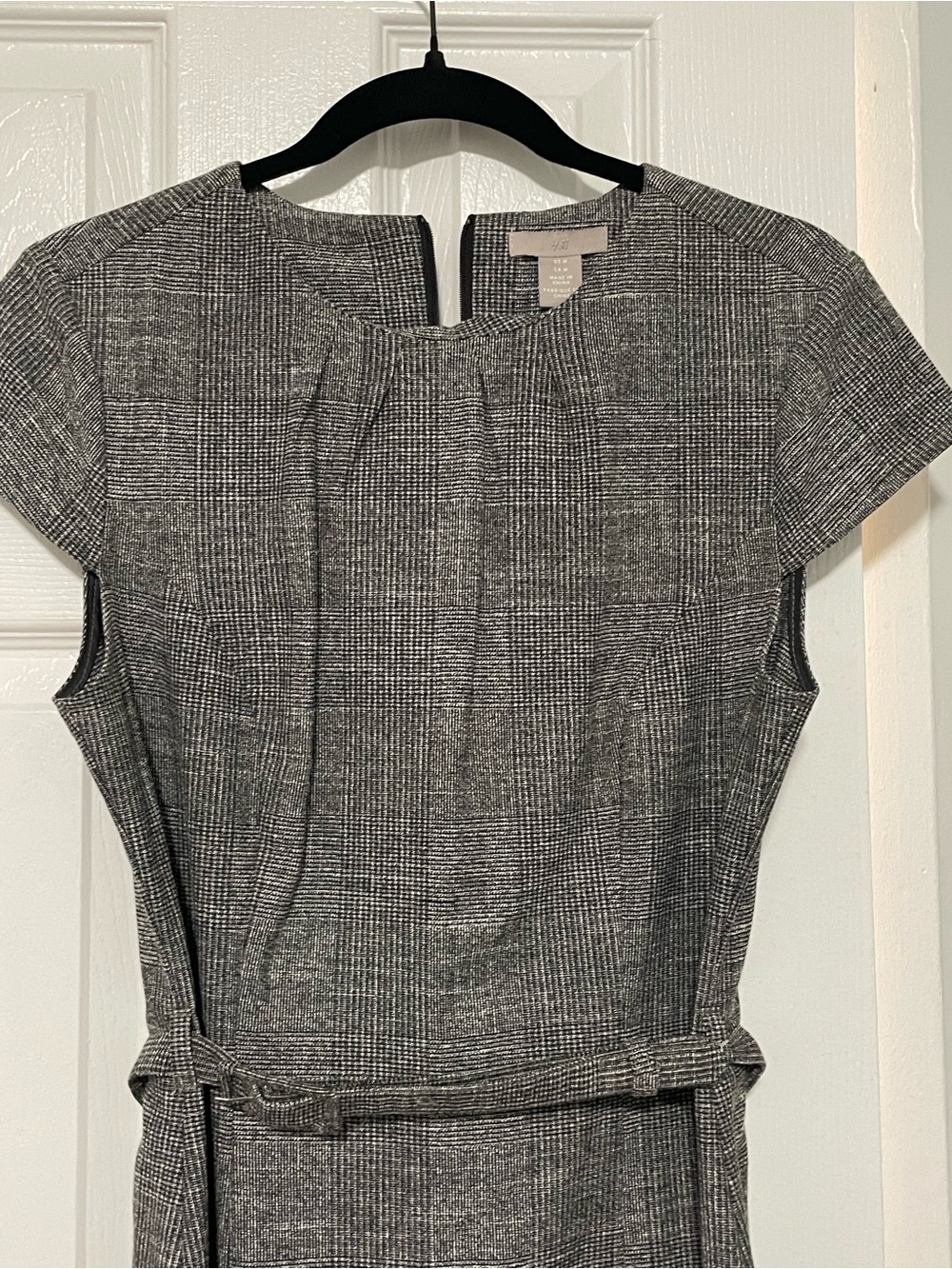 H&M Gray Plaid Midi Dress with Self-Tie Belt